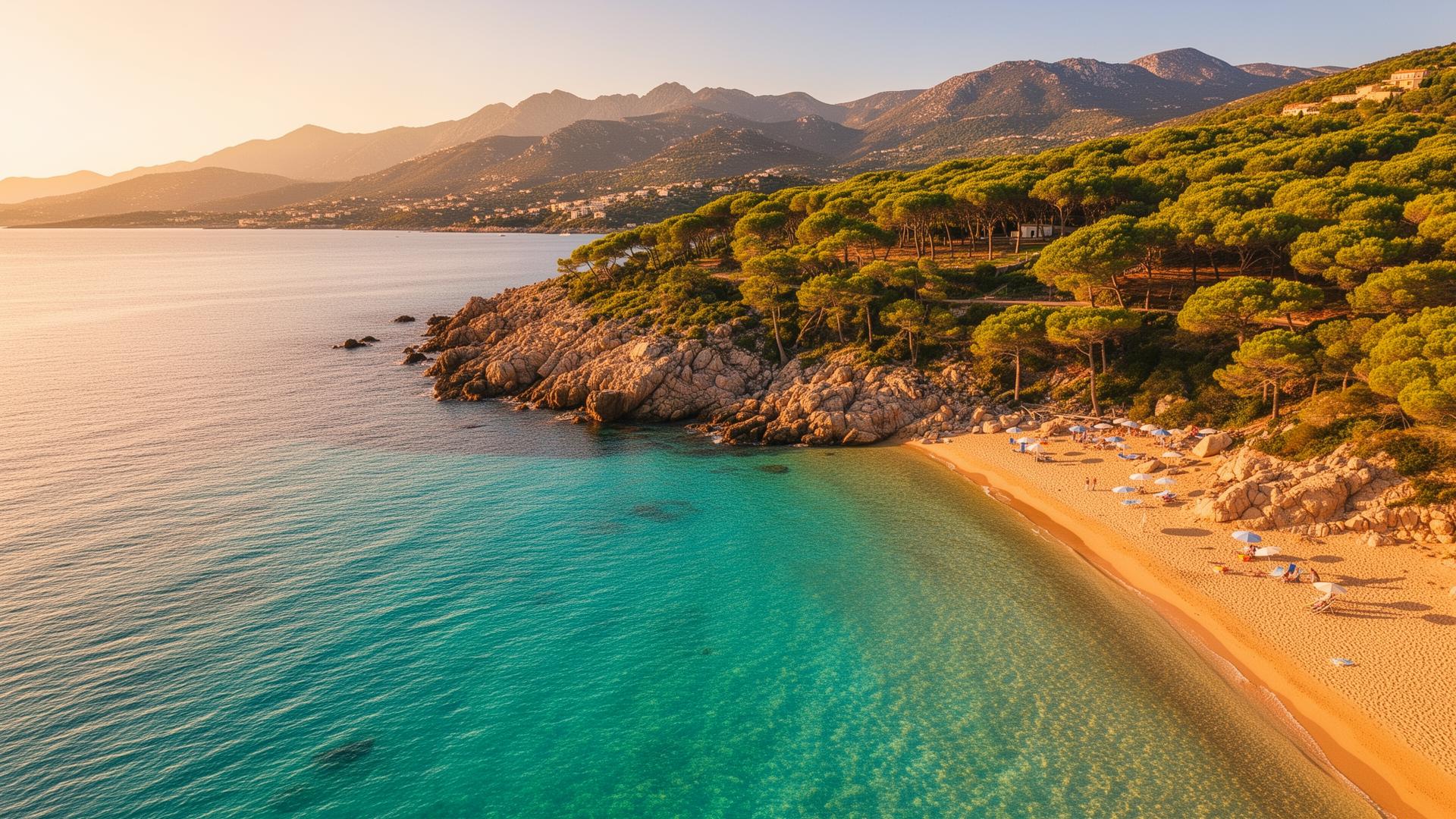Corsican beach with turquoise water and pine-covered coastline
